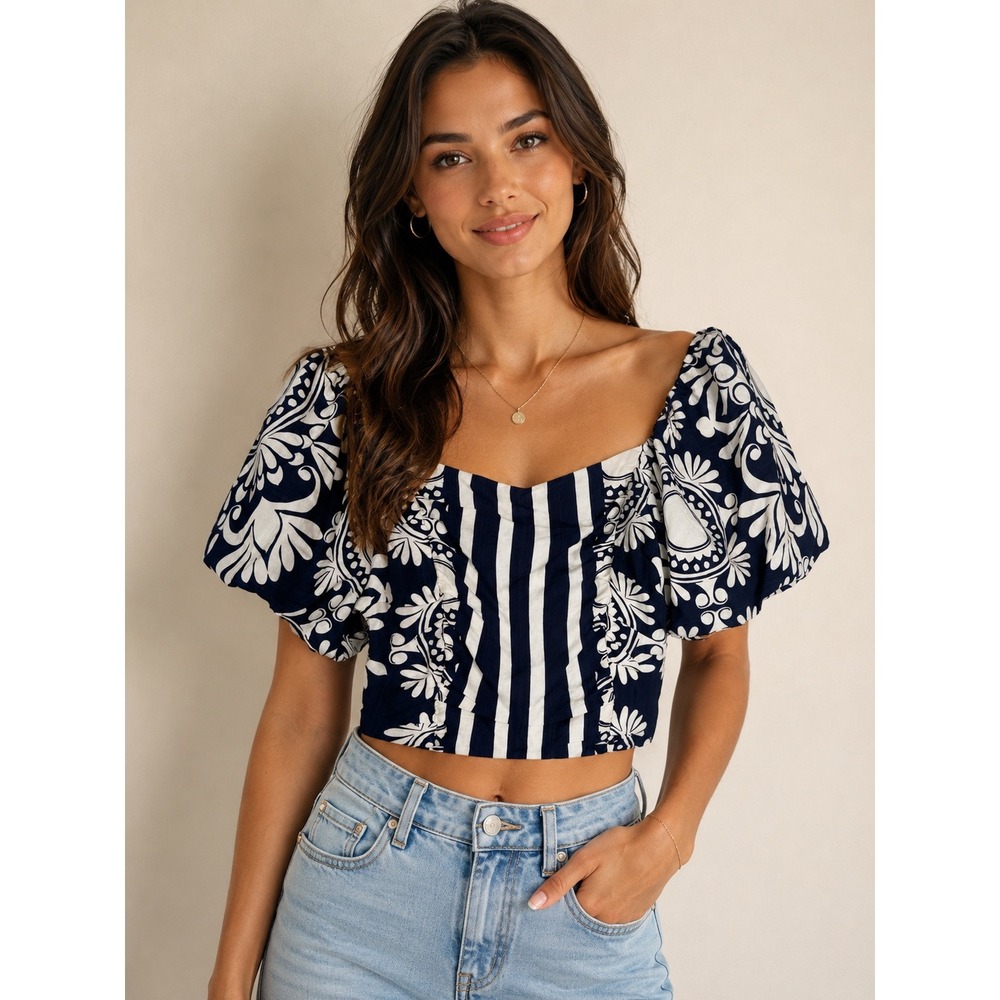 Umgee Womens Navy White Floral Striped Puff Sleeve Crop Top Smocked Back K9881 L